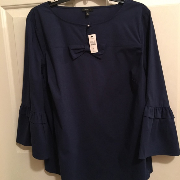 🟡TALBOTS NWT AUTHENTIC NAVY BLUE QUARTER LENGTH RUFFLE SLEEVES BLOUSE - Picture 2 of 8